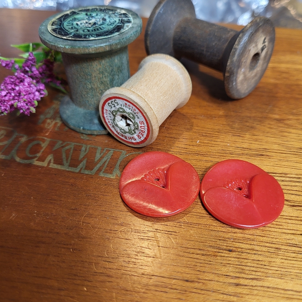 Pair of Vintage Acrylic Round Red Sewing Buttons